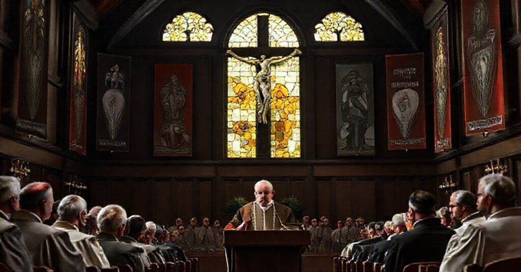 Wnętrze sali synodalnej w Bydgoszczy z "biskupem" Krzysztofem Włodarczykiem przemawiającym do "księży" przy podniesionym sztandarze z hasłem "dialog" i "misja"