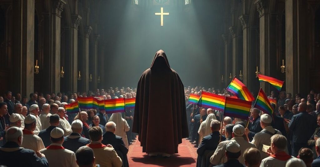 Biskupi i wierni zebrani w ciemnym kościele podczas synodu o synodalności, z postacią symbolizującą duch antychrystowski i protestami LGBT.