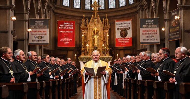 Tradycyjny kościelny wnętrze z grupą modernistowskich biskupów prezentujących kontrowersyjne dokumenty synodalne pod przewodnictwem antypapieża