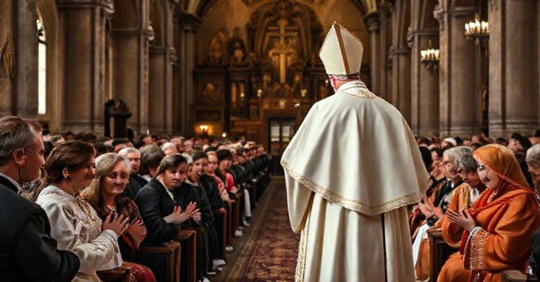 Obraz przedstawiający tradycyjne zebranie katolickie w Warszawie z udziałem abpa Adriana Galbasa