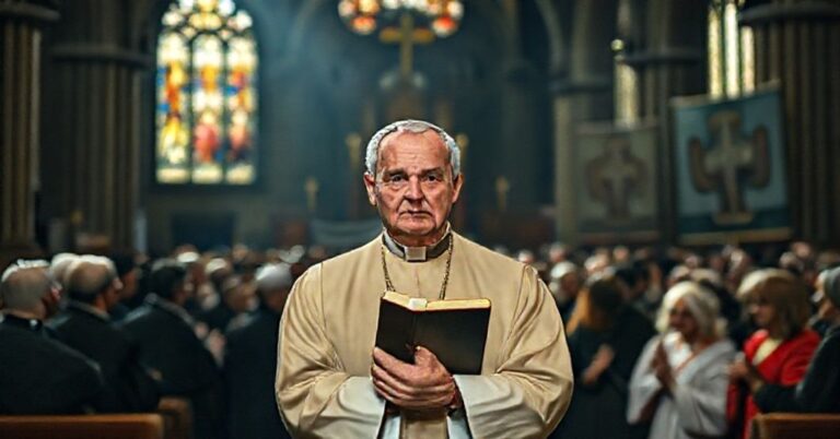 Ksiądz w tradycyjnych szatach kościelnych stoi w ciemnym kościele, trzymając zamkniętą Biblię, podczas gdy grupa modernistów dyskutuje o synodzie