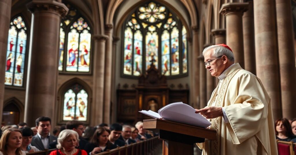 Biskup w tradycyjnych szatach liturgicznych przemawia do zgromadzonej wspólnoty w historycznej kościele gotyckim