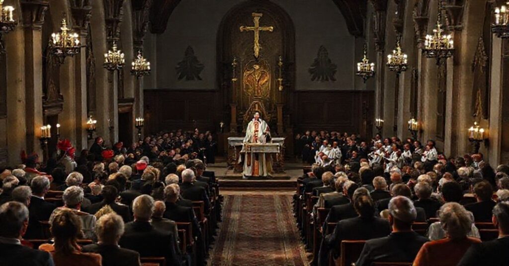 Zdjęcie przedstawiające neomodernistyczne synodalne zgromadzenie w archidiecezji wrocławskiej z udziałem fałszywych biskupów Józepha Kupnego i Macieja Małego oraz księdza Adama Łaniaka.