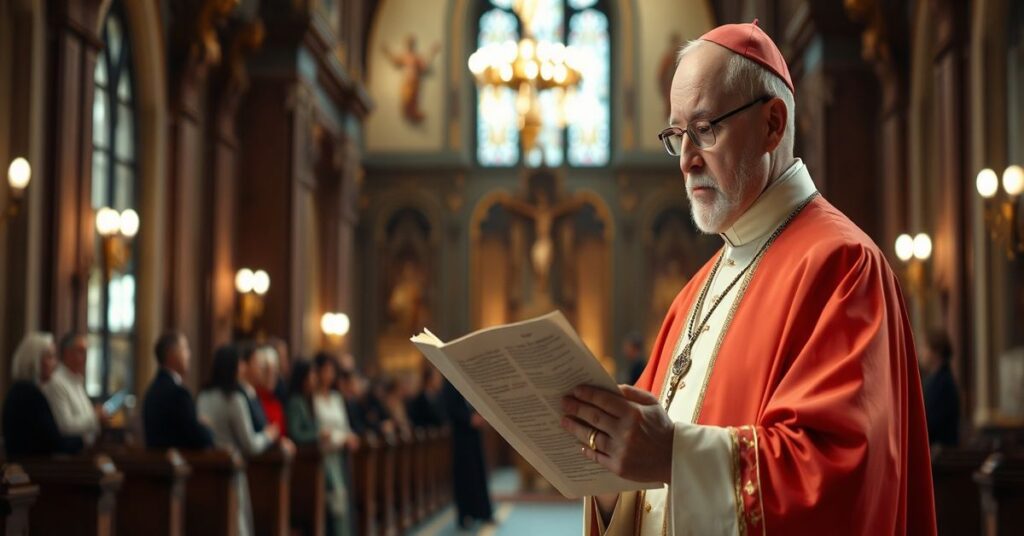 Biskup w tradycyjnych szatach czyta dokument synodalny z niedowierzaniem w kościele, tło to nieostre obrazy laików dyskutujących.