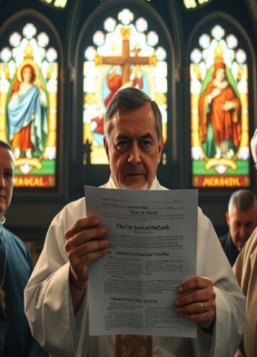 Synodalizm w kontekście tradycji katolickiej - powrót do korzeni Grupa tradycyjnych księdzy w sutannach i kapeluszach stoi przed dokumentem synodalnym w kościele gotyckim.