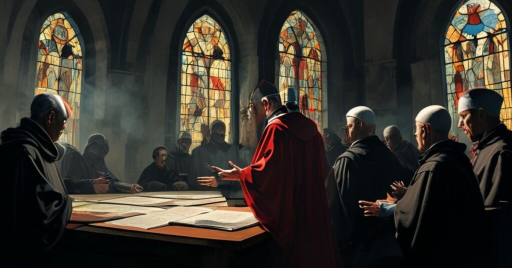 Grupa kleryków w nowoczesnym kościele podczas synodu, dyskutujących w atmosferze napięcia.