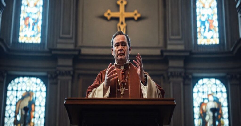 Ksiądz w tradycyjnych szatach liturgicznych kaznąc w Bazylice św. Piotra z poważnym wyrazem twarzy.