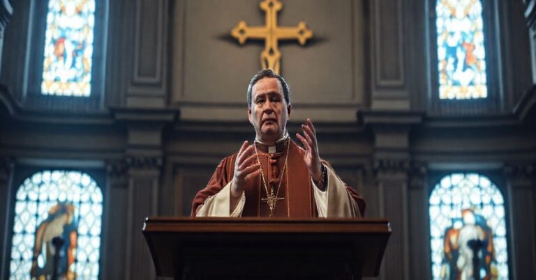 Ksiądz w tradycyjnych szatach liturgicznych kaznąc w Bazylice św. Piotra z poważnym wyrazem twarzy.