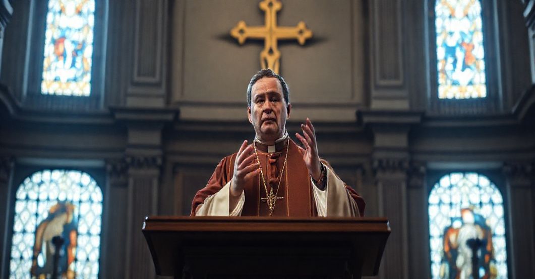 Ksiądz w tradycyjnych szatach liturgicznych kaznąc w Bazylice św. Piotra z poważnym wyrazem twarzy.