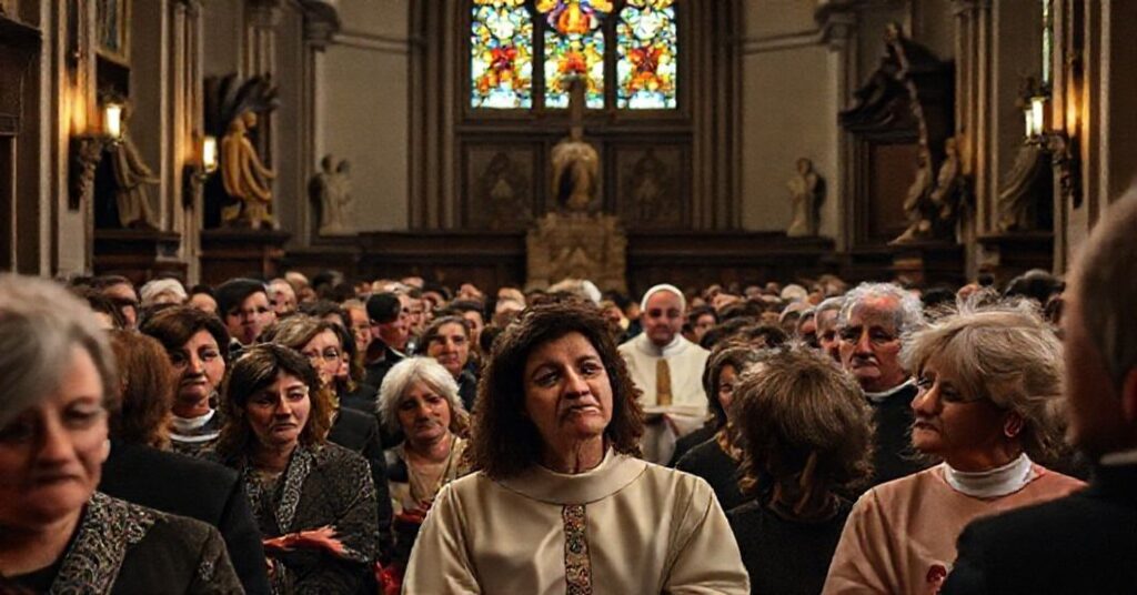 Grupa wiernych katolików słuchających kontrowersyjnej mowy o synodalnej 'odnowie' w tradycyjnym kościele.