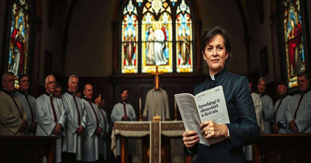 Tradycyjny wnętrze kościoła z grupą duchownych w sutannach i birretanach opierających się kobiecie trzymającej raport o synodalności i roli kobiet w Kościele.