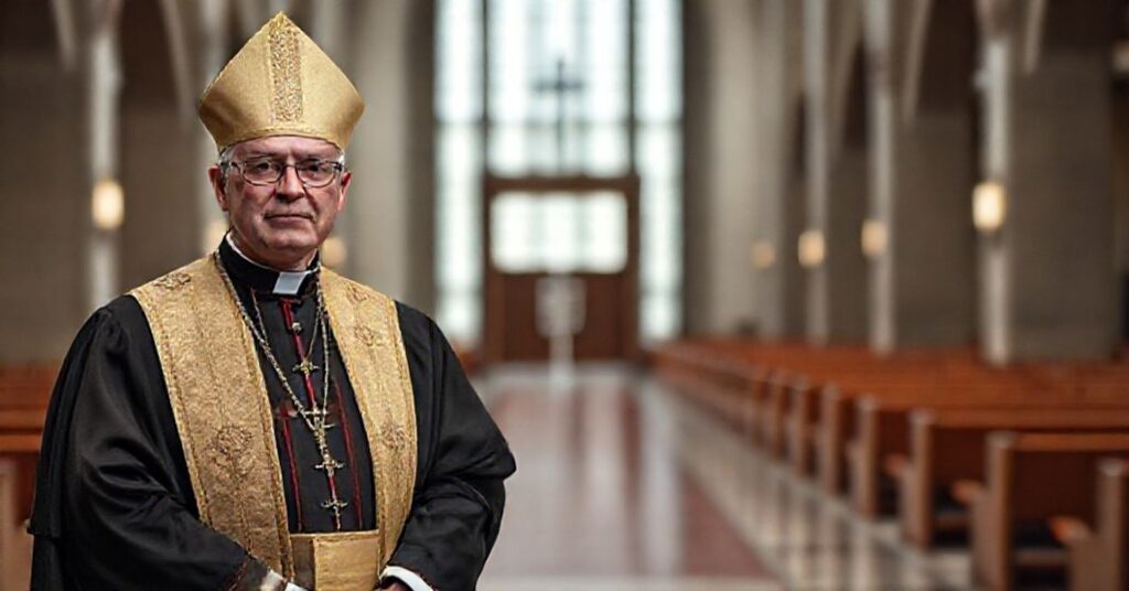 Biskup w tradycyjnych szatach przed zamkniętymi drzwiami kościoła symbolizuje wykluczenie prawdziwej wiary.