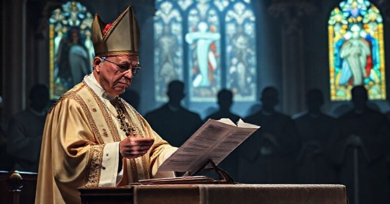 Kronikarz katolicki w tradycyjnej szacie biskupiej patrzy z troską na dokument synodalny w katedrze