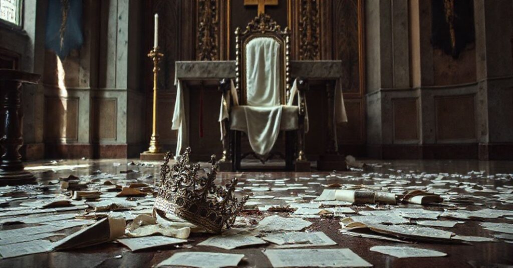 Obraz przedstawiający zburzone ołtarz katolicki z uszkodowaną tiarią papieską leżącą na podłodze otoczoną rozrzuconymi dokumentami synodalnymi. Przedstawia duchową kryzys i utratę sakralnej władzy.