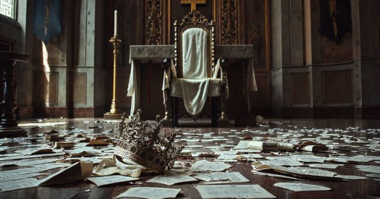 Obraz przedstawiający zburzone ołtarz katolicki z uszkodowaną tiarią papieską leżącą na podłodze otoczoną rozrzuconymi dokumentami synodalnymi. Przedstawia duchową kryzys i utratę sakralnej władzy.