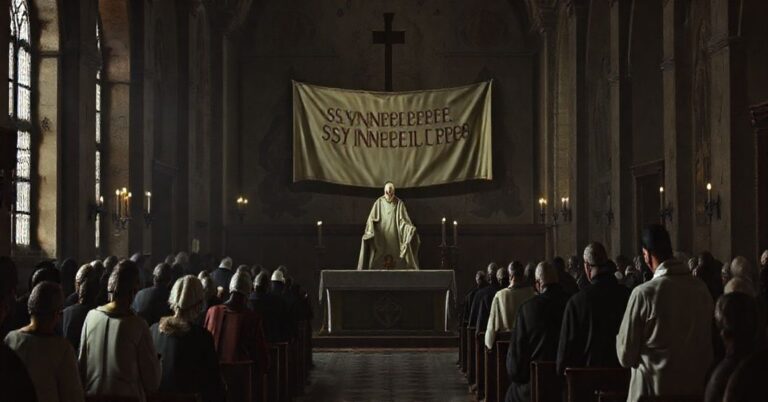 Poważna msza katolicka z anty-papieżem na tle rozpadającej się tradycji
