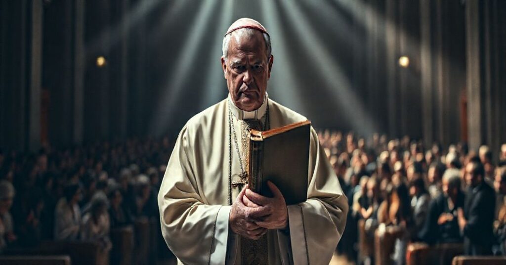 Tradcyjny biskup katolicki w stroju liturgicznym stojący w pustym kościele z wyrażającą smutek twarzą, na tle chaotycznej grupy ludzi.