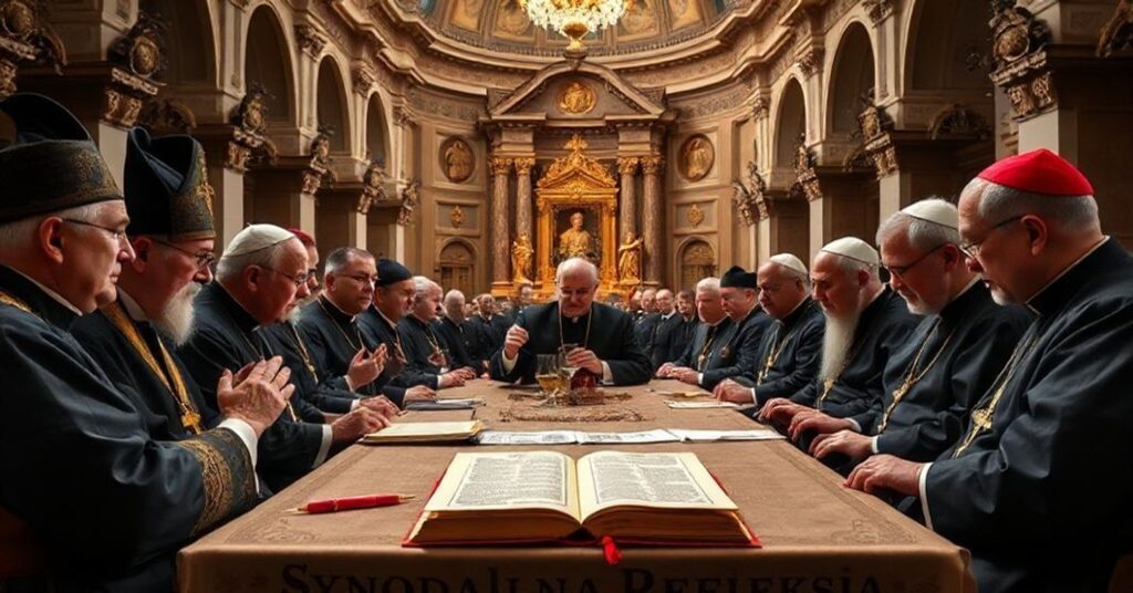 Grupa biskupów i teologów dyskutuje w starożytnej bazylice nad kontrowersyjnym raportem synodalnym. Na stole leży dokument zatytułowany 'Synodalna Refleksja'. Scena odzwierciedla poważny kryzys moralny w Kościele.