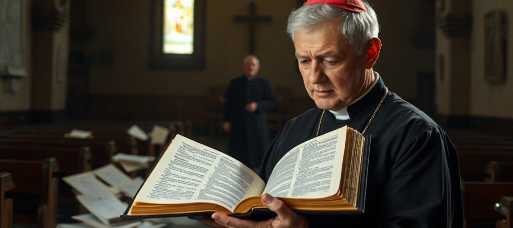 Tradycyjny ksiądz w kościele z biblią i dokumentami o synodalności 2028.