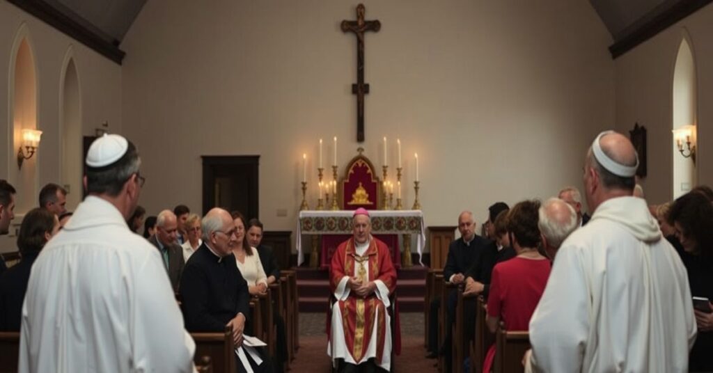 Sobór w parafii: biskup Damian Bryl prowadzi spotkanie synodalne w kościele. Scena ukazuje napięcie między tradycyjną hierarchią a nowoczesnymi ideami "synodalności".