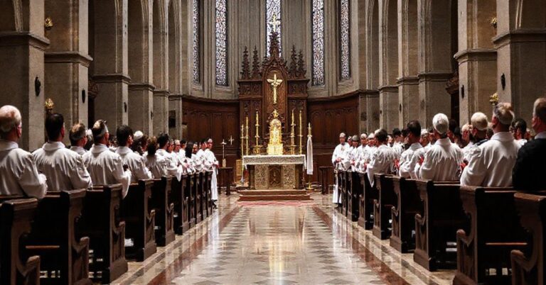 Sobór katolicki z tradycyjnym ołtarzem i modernistycznym zgromadzeniem kleru symbolizującym zagładę tożsamości katolickiej.