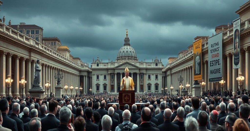 Scena na Placu Św. Piotra w Watykanie podczas zbiór synodalnych z fałszywym papieżem Leonem XIV na katedrze