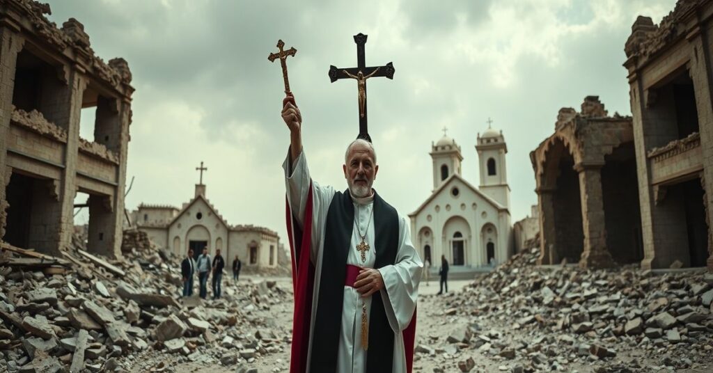 Ksiądz w tradycyjnych szatach kościelnych stoi wśród ruin syryjskiego kościoła z krzyżem w ręku