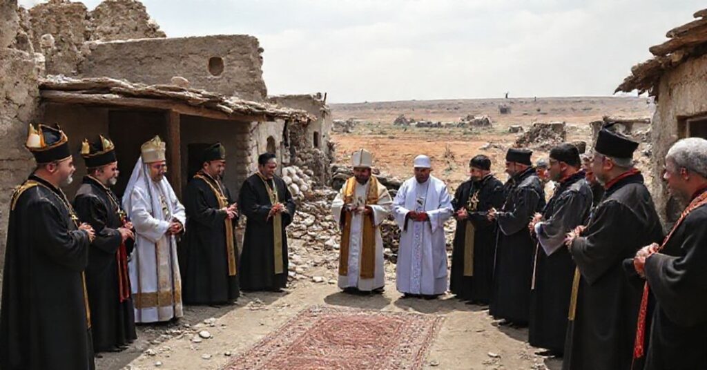 Scena ekumenicznego „pogodzenia” w rujnach syryjskiej wioski Ghassanieh z fałszywymi biskupami i pastorem protestantyckim pod kierunkiem modernistycznego „kustosza”