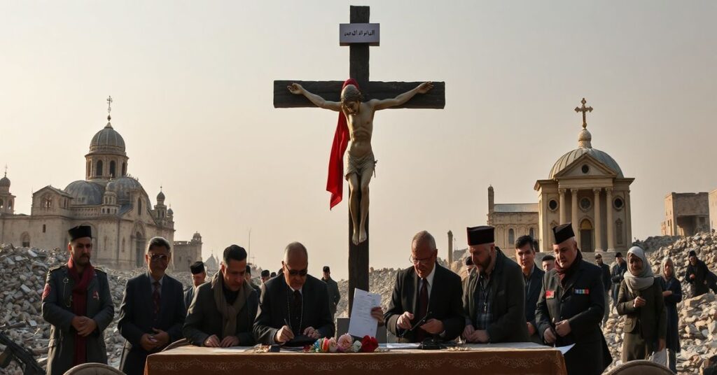 Scena pokojowej umowy w Syrii między SDF a rzadem w Damaszku pod rozszarpanym krzyżem