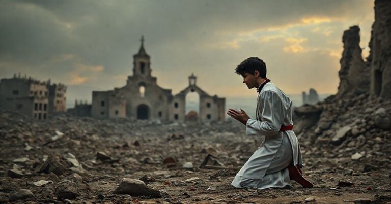 Młody katolicki student medycyny modlący się przed zniszczonym kościołem w Syrii, symbolizujący tragiczny upadek liczby chrześcijan z powodu posoborowej herezji.