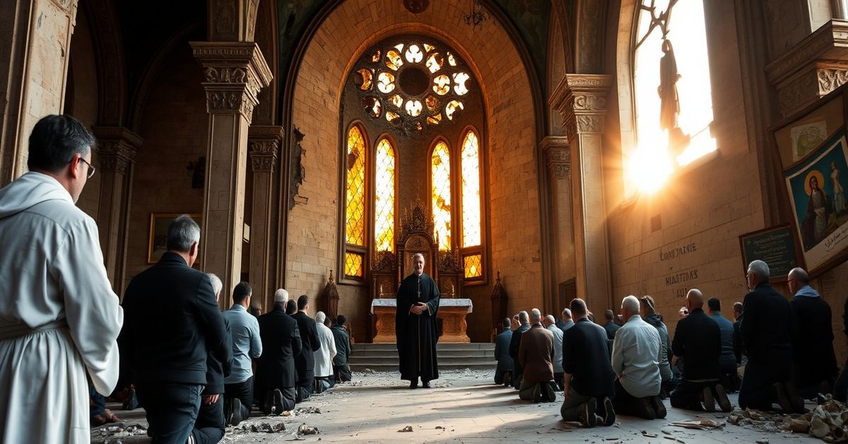 Katedra katolicka w Syrii podczas modlitwy w obliczu zniszczeń