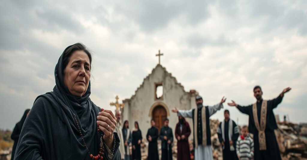 Scena w zniszczonej wsi w północno-wschodniej Syrii przedstawiająca chrześcijan modlący się przy ruinie kościoła w obliczu groźby powrotu ISIS