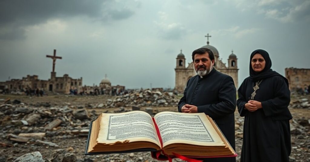 Obraz przedstawiający syryjskich chrześcijan w tradycyjnych strojach na tle zniszczonej wojny krajobrazu z ruinami kościołów. Symbolizuje konflikt i manipulację geopolityczną.
