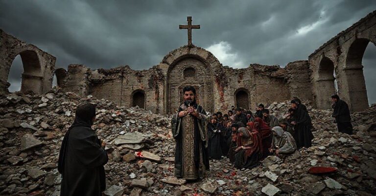 Scena katastrofy w syryjskim kościele św. Eliasza w Damaszku po ataku na chrześcijan. Cmentarzysko z rozrzuconymi ciałami i krwią na podłodze, kapłan trzymający krzyż wśród ruin.