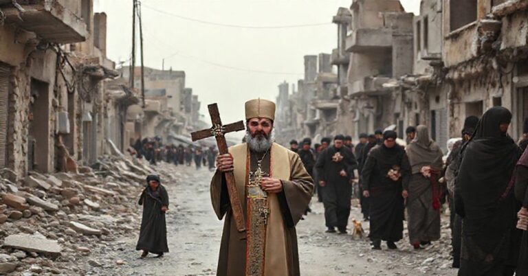 Tradycyjnie ubrany syrokatolicki kapłan trzyma krzyż w zniszczonym mieście w Syrii wśród uchodźców, podkreślając brak Chrystusa Króla w nowoczesnych apelach o pokój.