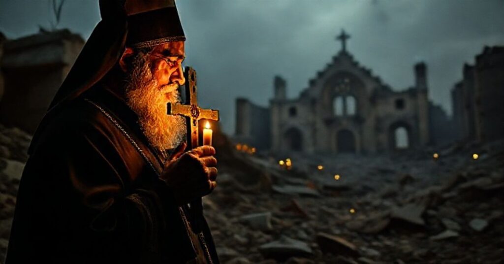 Sobieszczący katolicki ksiądz modli się w ruinach Syrii z krzyżem, na tle zniszczonego kościoła w Aleppo.