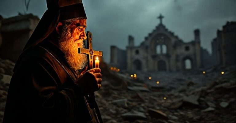 Sobieszczący katolicki ksiądz modli się w ruinach Syrii z krzyżem, na tle zniszczonego kościoła w Aleppo.