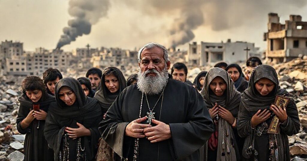 Wizerunek chrześciijan syryjskich w ruinach kościoła po nalocie, z biskupem Jacques'em Mouradem modlącym się wśród ludności cywilnej.