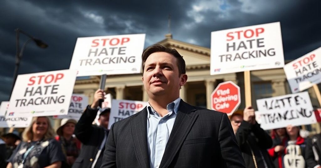 Jeromy Farkas przed ratuszem w Calgary w otoczeniu protestujących przeciwko systemowi śledzenia nienawiści