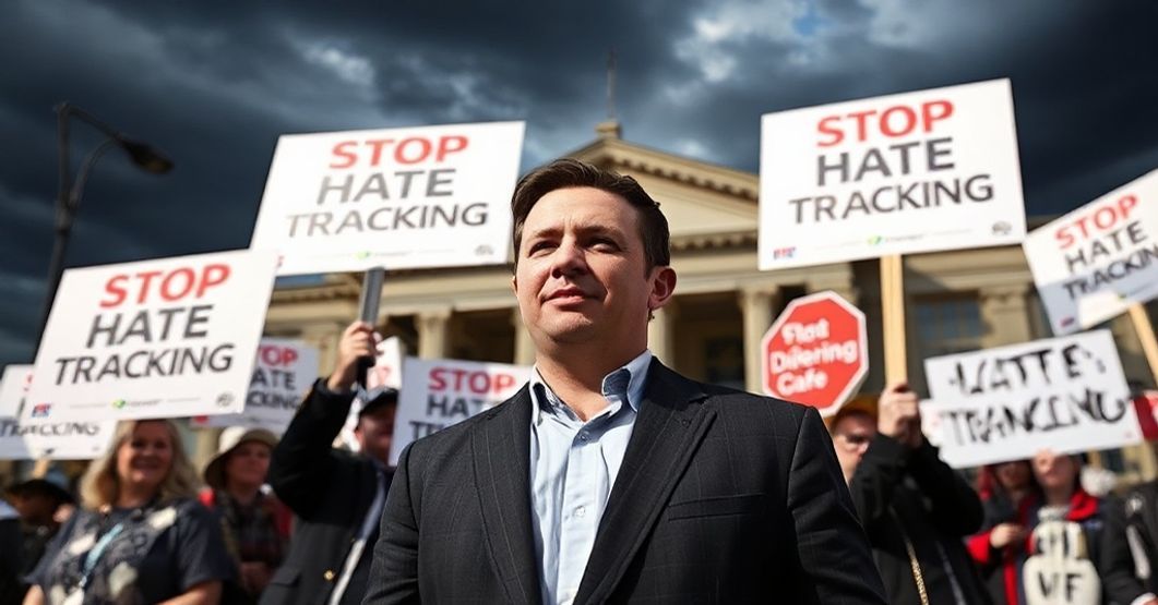 Jeromy Farkas przed ratuszem w Calgary w otoczeniu protestujących przeciwko systemowi śledzenia nienawiści