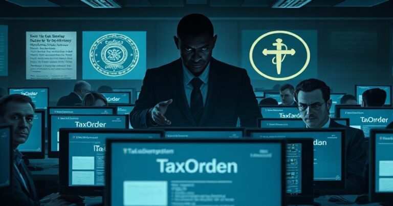 Realistyczne przedstawienie biura księgowego z systemem TaxOrder, pokazujące dehumanizację pracy i kult efektywności na szkodę katolickich wartości społecznych.