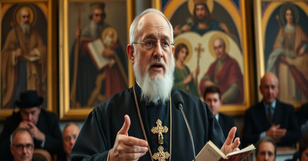 Portret Światosława Szewczuka podczas przemówienia na Uniwersytecie Kijowskim w 2026 roku.