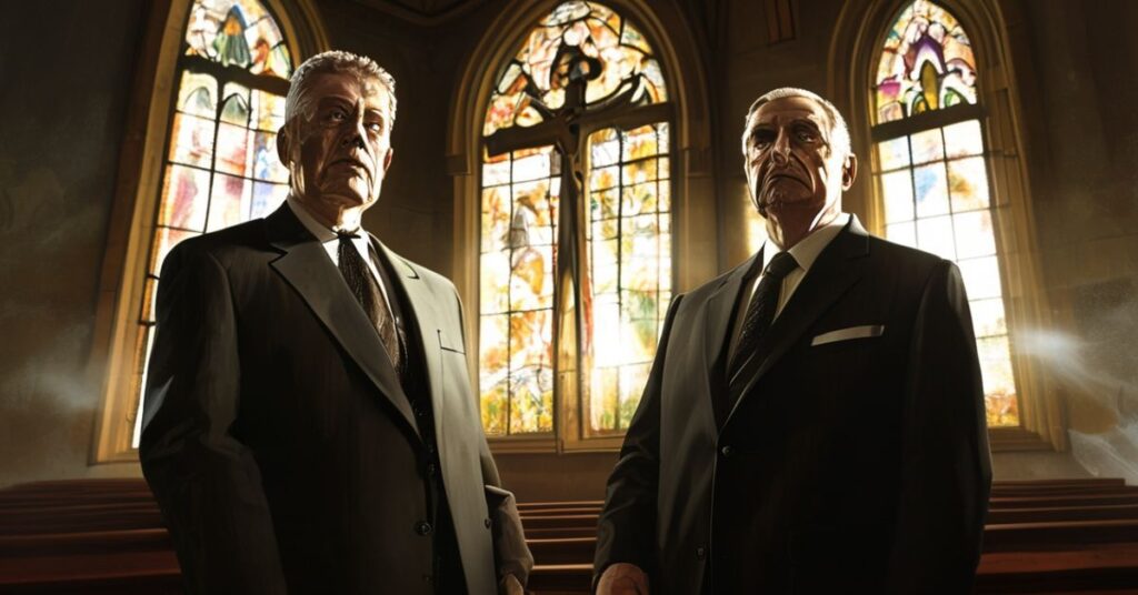 Portret ministrów Szijjarto i Macinky w katedrze z krucyfiksem na tle