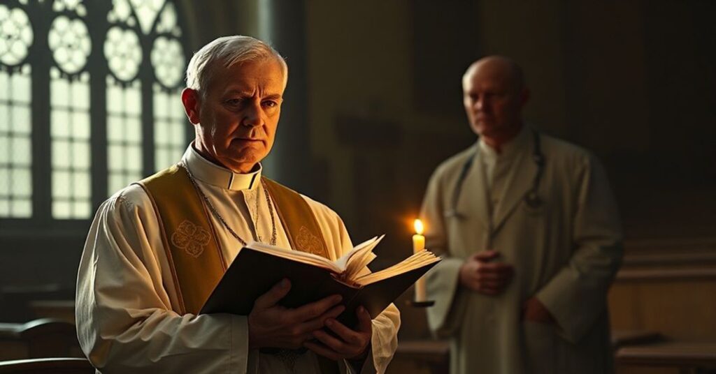 Kleryk w tradycyjnych szatach liturgicznych modli się w ciemnym kościele, z tłem przedstawiającym procedurę aborcji jako symbol upadku moralnego