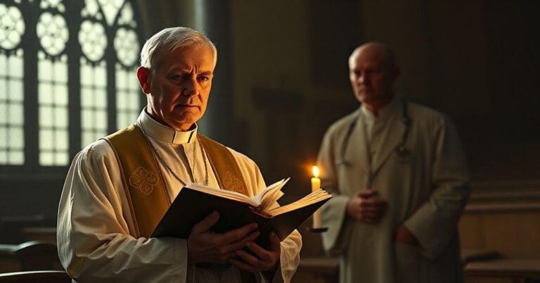 Kleryk w tradycyjnych szatach liturgicznych modli się w ciemnym kościele, z tłem przedstawiającym procedurę aborcji jako symbol upadku moralnego