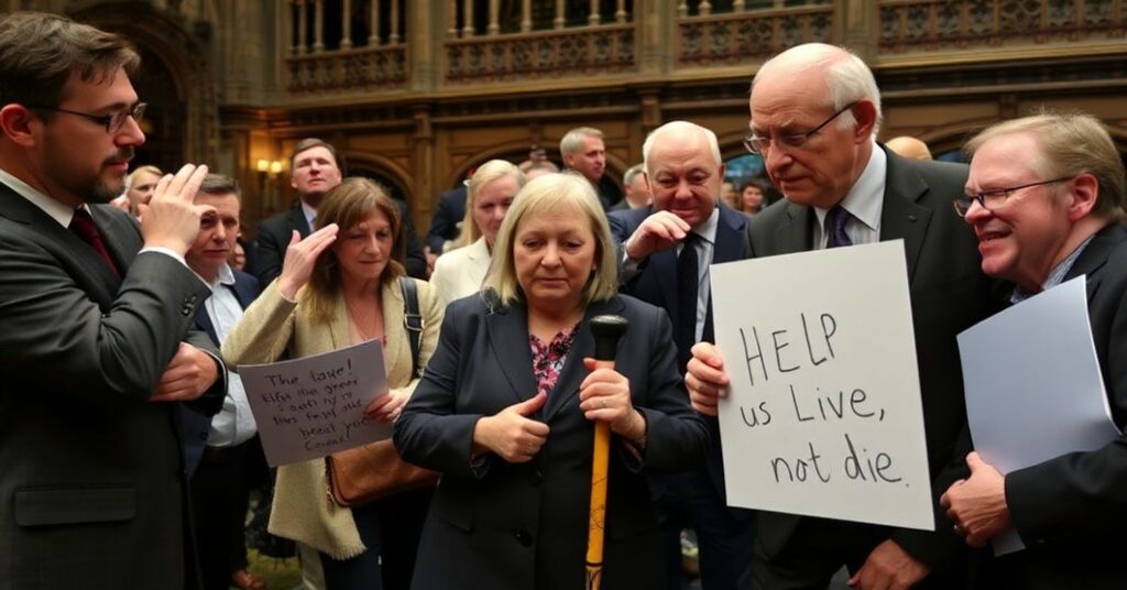 Grupa aktywistów pro-życia w Szkockim Parlamencie w Holyrood jest wyprowadzana siłą przez służbę bezpieczeństwa. Na zdjęciu widoczna jest niepełnosprawna kobieta trzymająca laskę z napisem "Pomóżcie nam żyć, nie umierać". Scena przepełniona jest smutkiem i determinacją.