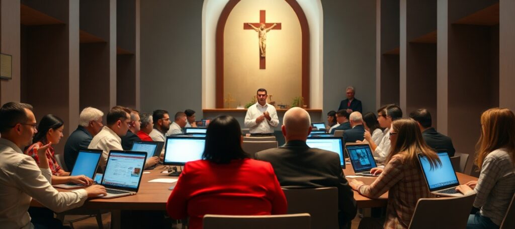 Grupa osób prowadzona przez przedstawiciela sekty posoborowej w nowoczesnym pokoju konferencyjnym z laptopami i ekranami cyfrowymi.