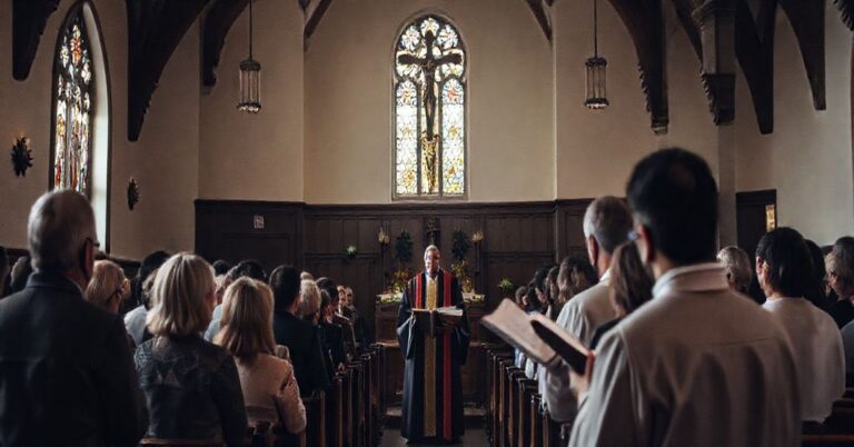 Tradycyjna katolicka kaplica z grupą osób słuchających wykładu, symbolizująca głęboką refleksję duchową i przestrzeganie nauk katolickich.
