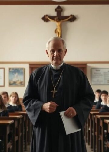 Obraz szkoły katolickiej odzwierciedlający wartości i wiarę Realistyczne zdjęcie katolickiej szkoły z nauczycielem i uczniami, podkreślające tradycyjne wartości, moralność i wiarę w kontekście edukacji zgodnej z nauką Kościoła