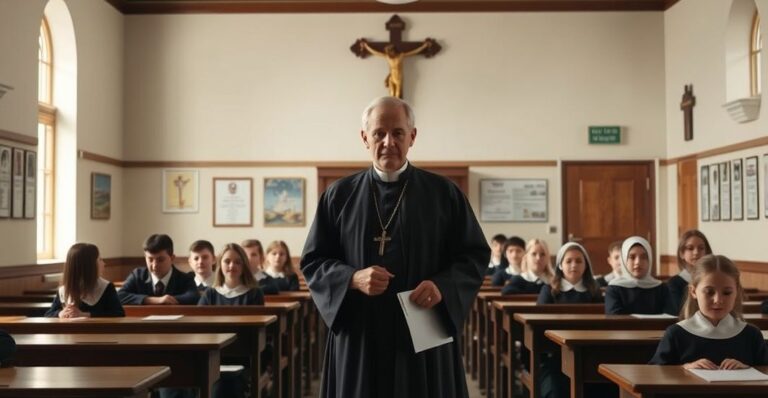 Realistyczne zdjęcie katolickiej szkoły z nauczycielem i uczniami, podkreślające tradycyjne wartości, moralność i wiarę w kontekście edukacji zgodnej z nauką Kościoła